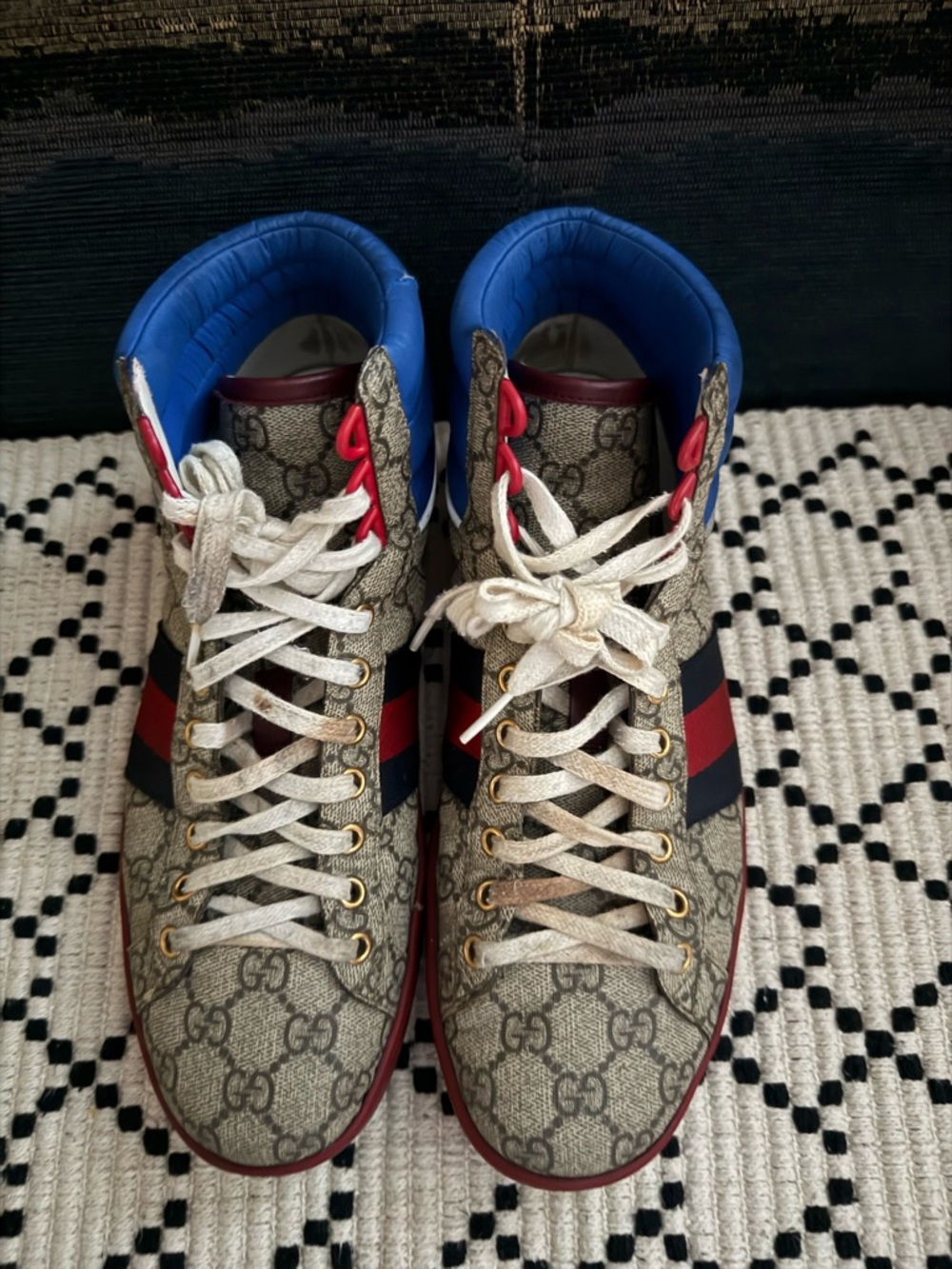 Gucci Beige GG Supreme High-Top Sneakers with Blue Collar and Red/Blue Stripe